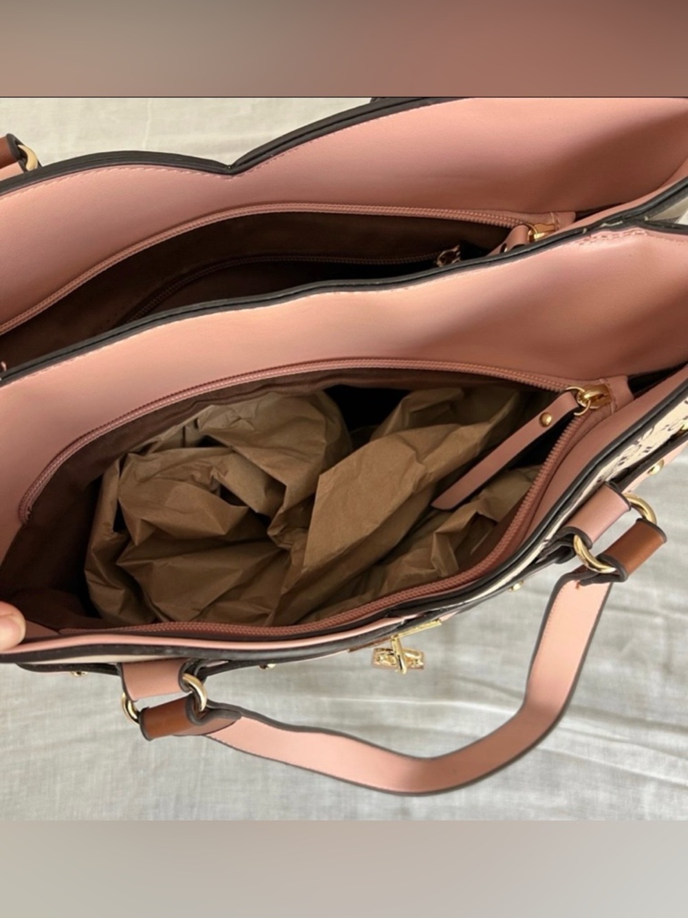 Adrienne Vittadini Beige, Pink & Brown Logo Tote with Gold Hardware - Picture 11 of 11